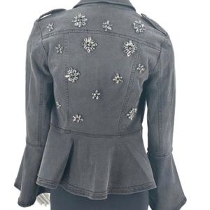 Scripted embellished denim Bell sleeve peplum jean jacket. Size S